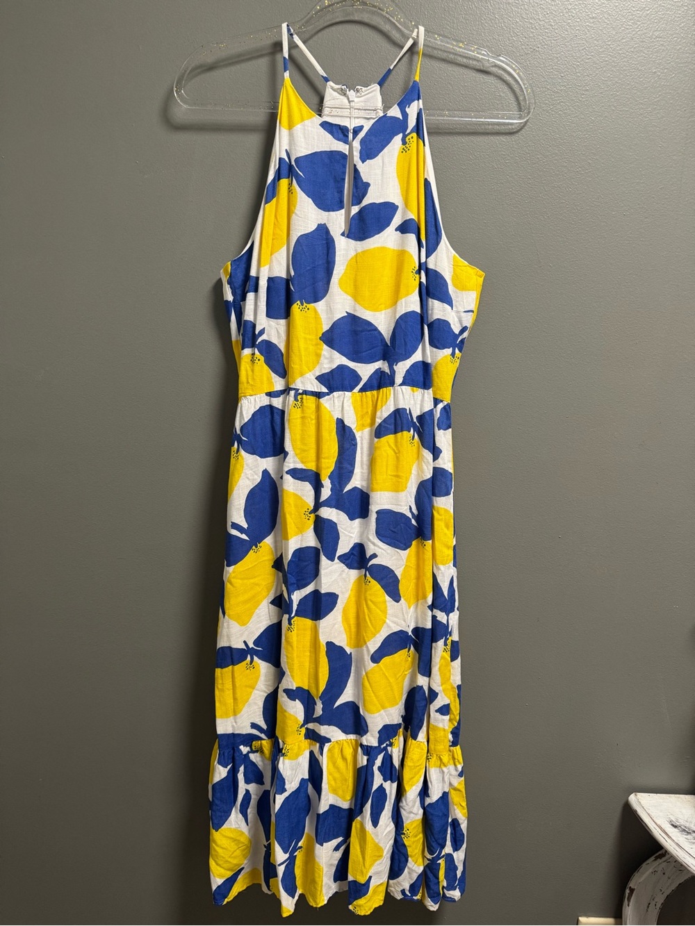 LOFT Yellow & Blue Lemon-Print Sleeveless Midi Dress Size 8 - Picture 3 of 11